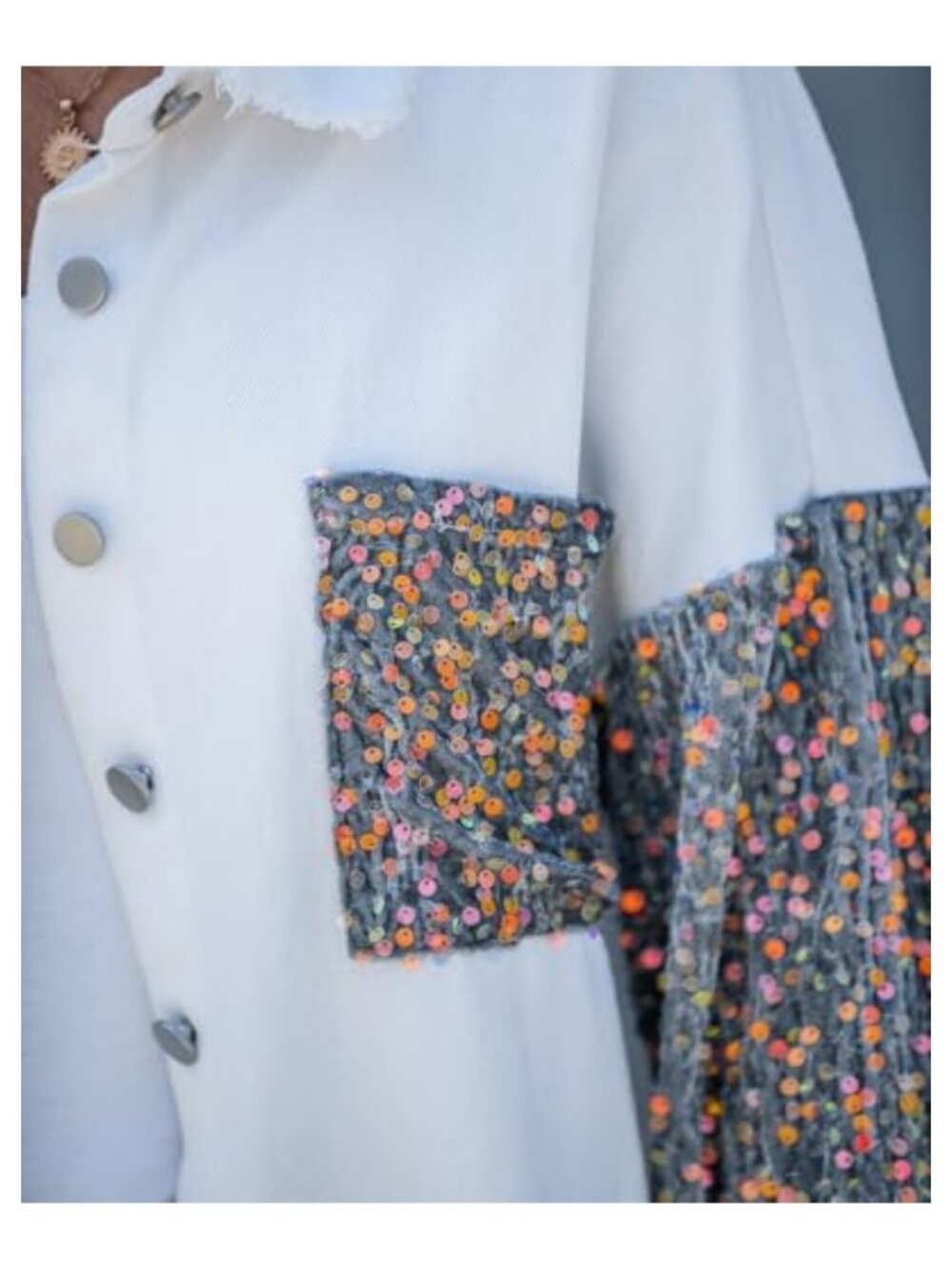 Oversized Rhinestone Sequin Patchwork Shacket Drop Shoulder Denim Jacket - Picture 2 of 6